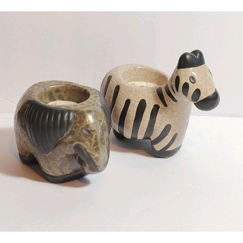 Pier 1 Imports Tea Light Candle Holder Set Ceramic African Elephant & Zebra
